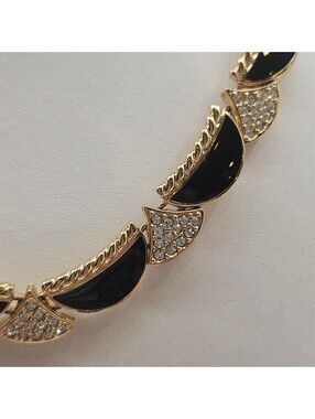 Vintage Rhinestone  Black Enamel Collar Necklace Gold Tone Statement 18" 1980's